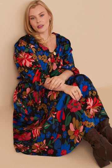 HY7738 Black Womens Retro Floral Tie Sleeve Button Detail Dress Full Body